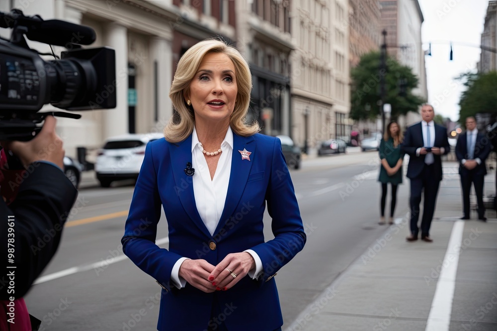 Fototapeta premium Ambitious Female Politician Discusses Key Issues During Live City Street Press Conference Interview
