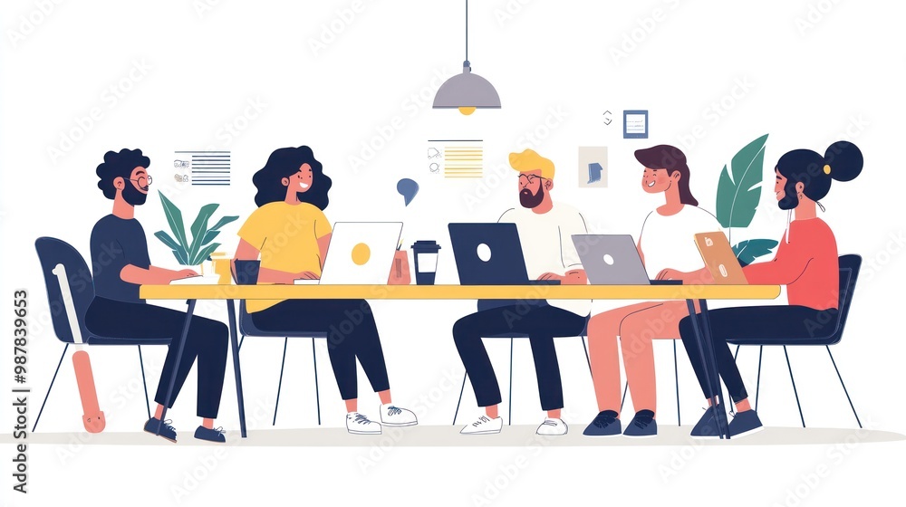 Naklejka premium A diverse group of people collaborating around a table with laptops and plants.