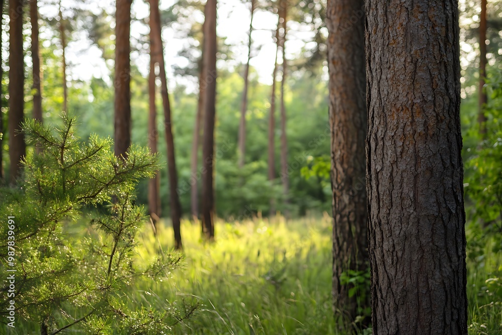 Naklejka premium Sunlight through pine trees in a forest with a blurry background