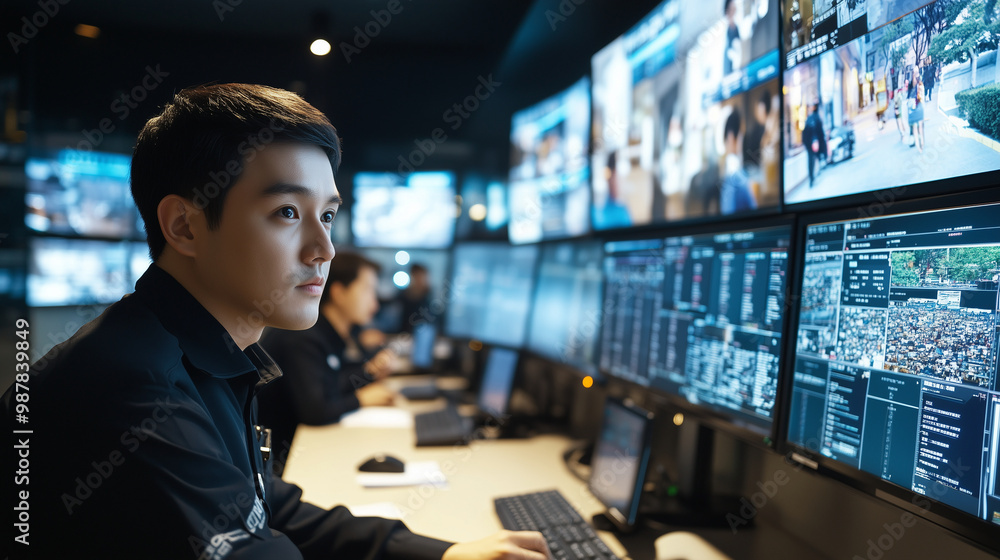 Security Team Monitoring CCTV in High-Tech Control Room Security Team Monitoring CCTV in High-Tech Control Room