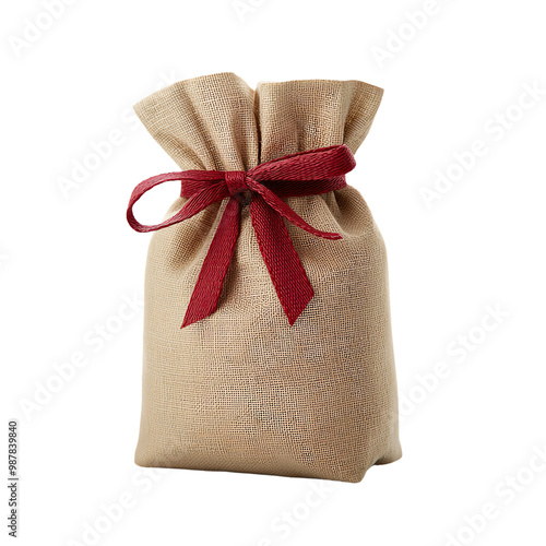 A small burlap sack tied with a red ribbon on a white isolated background. transparent background