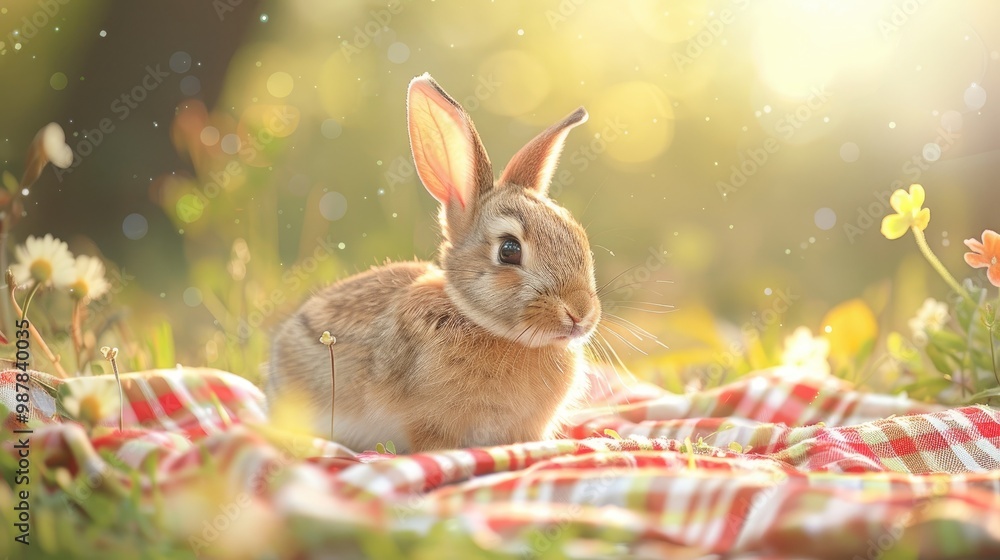 A cute brown rabbit sits on a checkered blanket in a sunny meadow. A cute brown rabbit sits on a checkered blanket in a sunny meadow.