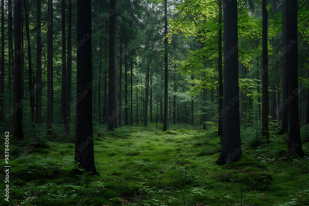Obraz premium Sunbeams through dark green trees in dense forest. Nature scene in a woodland setting