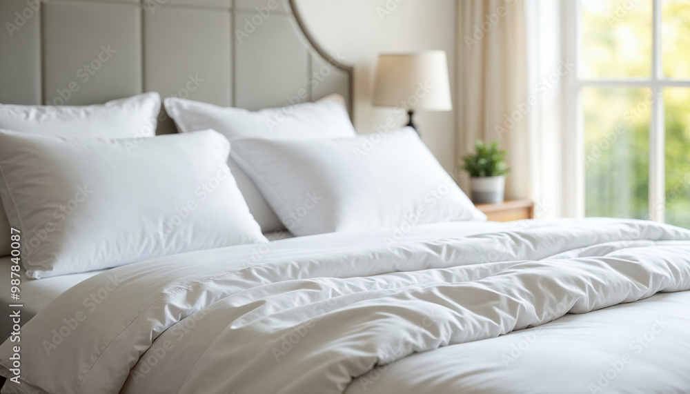 Luxurious bed scene with white bedding and soft pillows, promoting home decor products.
Luxurious bed scene with white bedding and soft pillows, promoting home decor products.