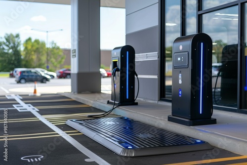 Modern electric vehicle charging station glowing blue at a car dealership photo