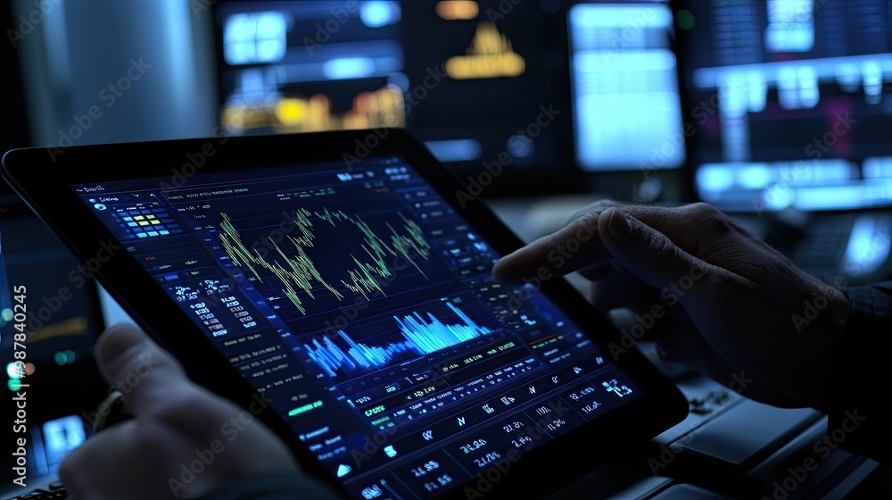 A tablet screen shows real-time stock exchange tickers and commodity prices as an investment trader works in a financial office. Charts and numbers fill the display, representing fast-paced A tablet screen shows real-time stock exchange tickers and commodity prices as an investment trader works in a financial office. Charts and numbers fill the display, representing fast-paced