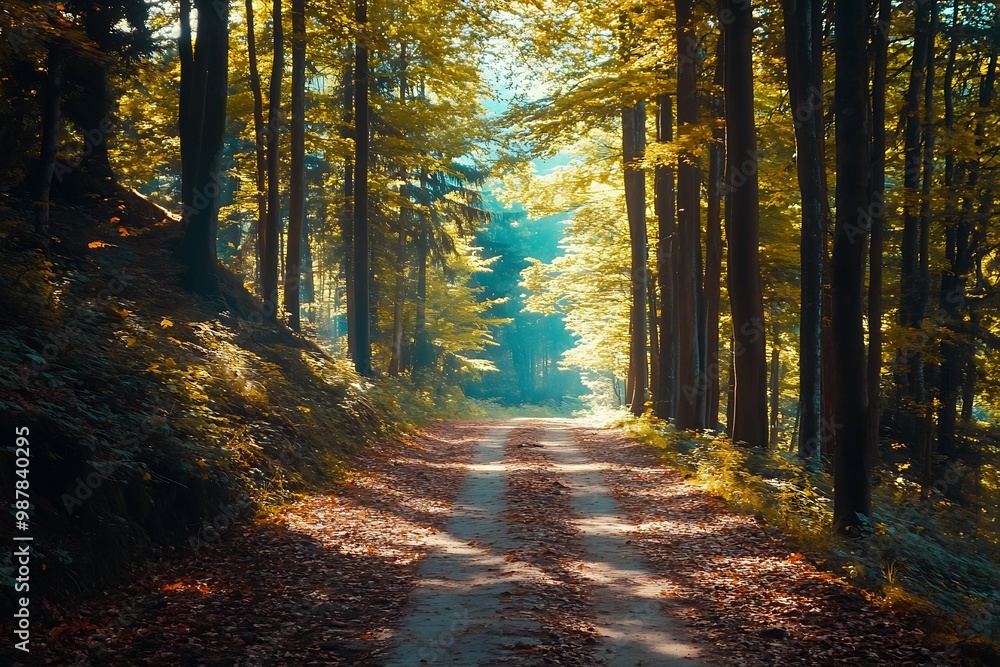 Sun shining through trees in forest, creating a magical, woodland path Sun shining through trees in forest, creating a magical, woodland path