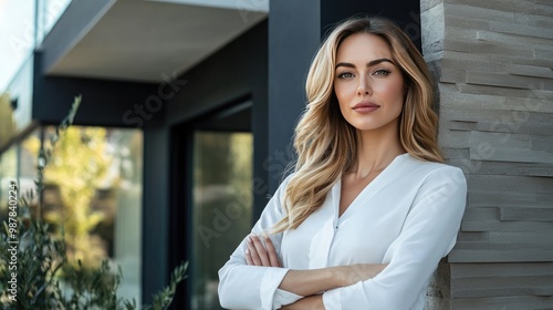 A stylish woman real estate agent proudly poses in front of a modern luxury home. She is ready to assist new buyers with her expert advice. Free Download A stylish woman real estate agent proudly poses in front of a modern luxury home. She is ready to assist new buyers with her expert advice. - GFXLoad