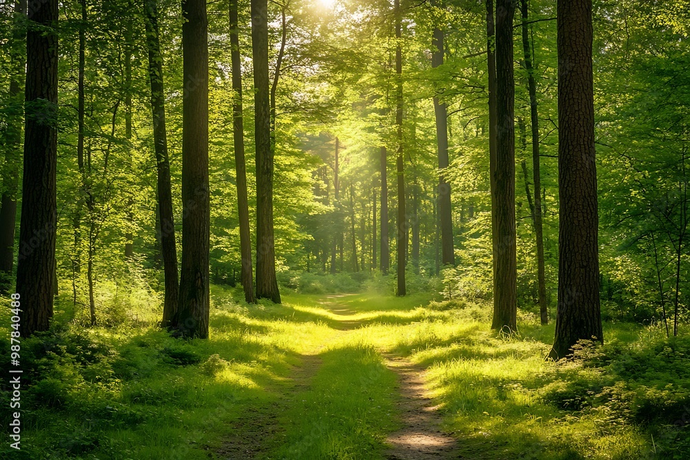 Obraz premium Sunlight shining through trees in a lush green forest, creating a beautiful path