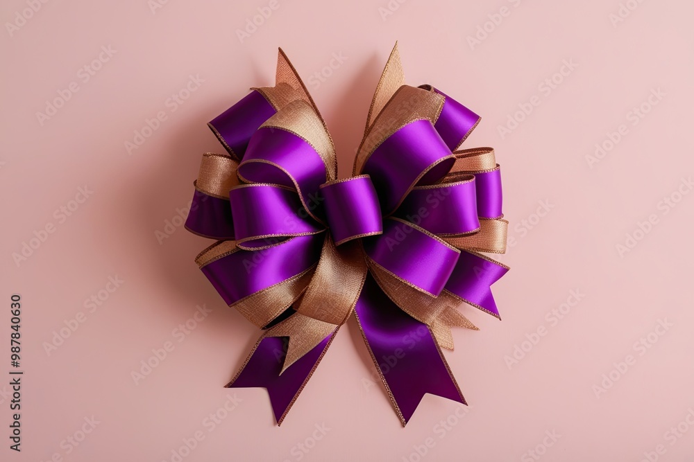 Whimsical Purple and Bronze Ribbon Bow Decoration Isolated Against Pastel Background Whimsical Purple and Bronze Ribbon Bow Decoration Isolated Against Pastel Background