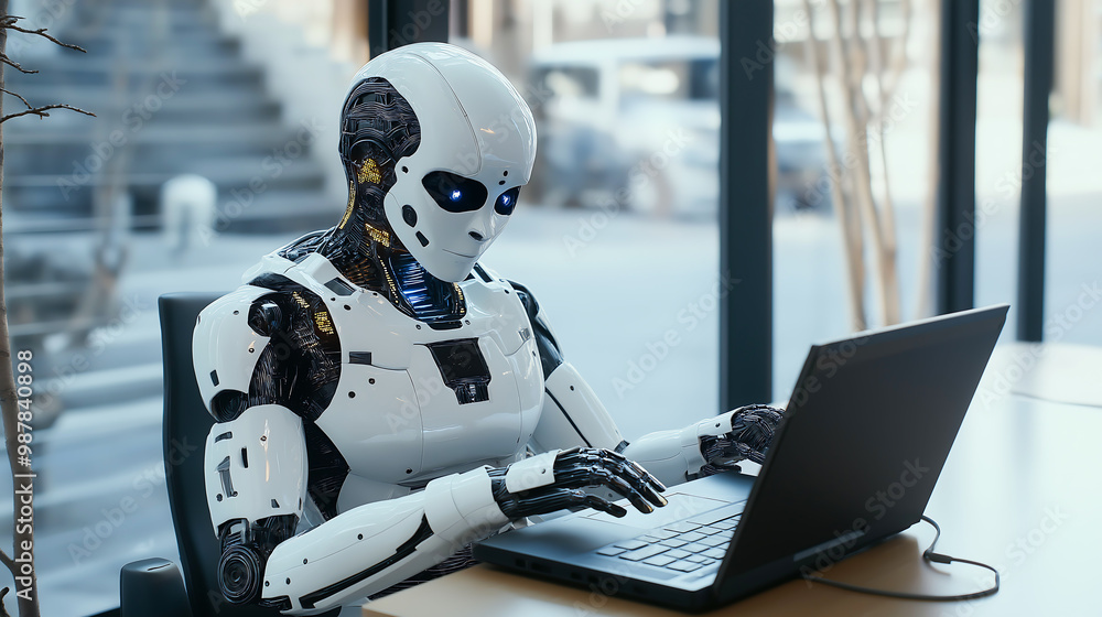 Robot humanoid use laptop and sit at table in future office while using AI thinking brain , artificial intelligence and machine learning process Robot humanoid use laptop and sit at table in future office while using AI thinking brain , artificial intelligence and machine learning process