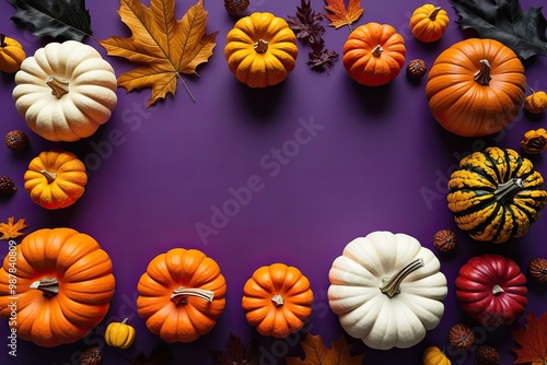 3D Pumpkins and Autumn Fruits on Purple Background for Thanksgiving and Halloween Celebration