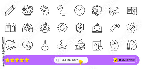 Depression treatment, Patient and Pencil line icons for web app. Pack of Swipe up, Time management, Idea pictogram icons. Internet book, Place, Manual signs. Medical syringe, Voice wave. Vector