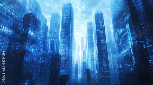 Blue-tinted skyscrapers in a futuristic city, designed for smart living. The image is perfect for business and corporate presentations with a warm glow of sunlight.