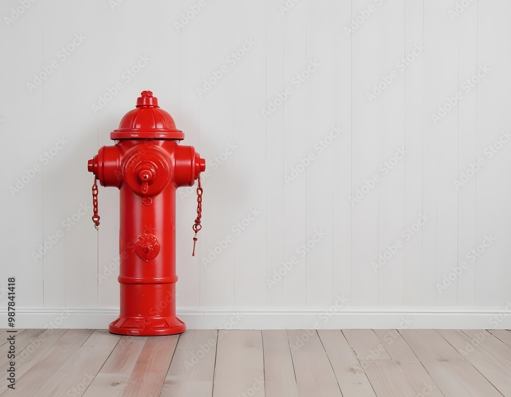 A red fire hydrant on a floor, with a plain wall in the background A red fire hydrant on a floor, with a plain wall in the background