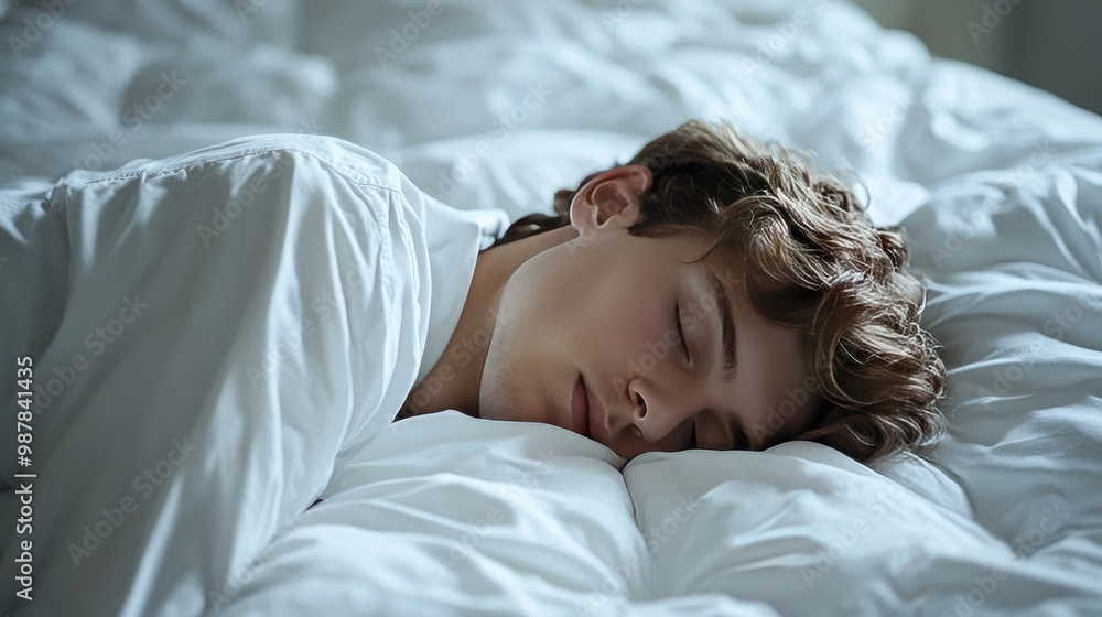 Calm and serene image of a young man sleeping in a clean, white-dressed bed. Peaceful atmosphere. Calm and serene image of a young man sleeping in a clean, white-dressed bed. Peaceful atmosphere.
