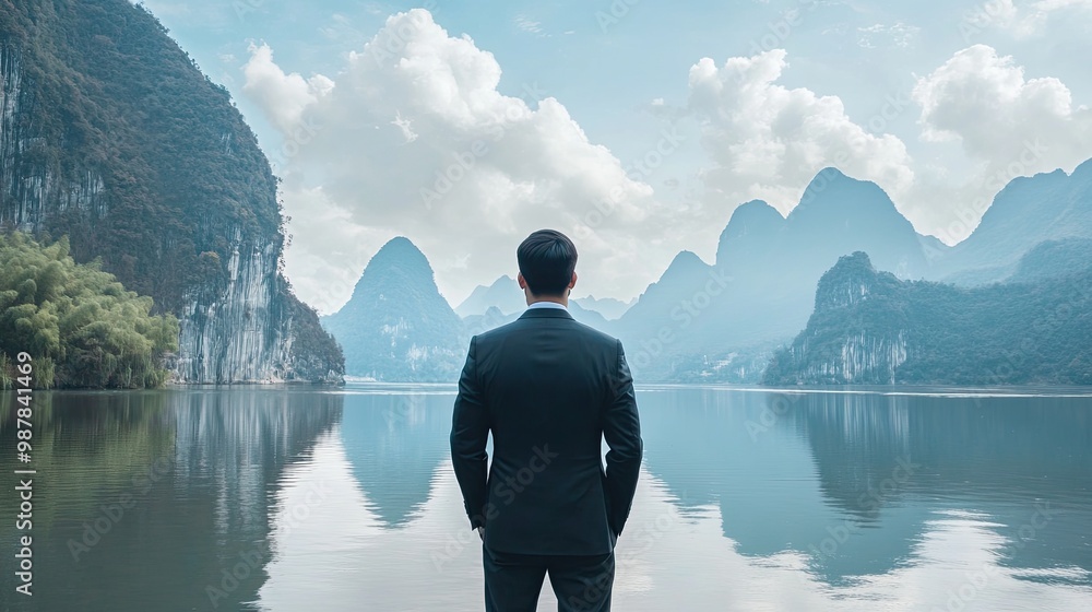 Fototapeta premium Chinese Businessman Gazing at Horizon.