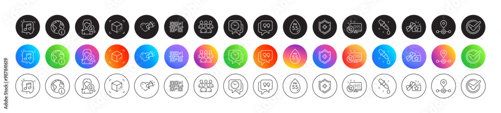 Moisturizing cream, Love message and Ph neutral line icons. Round icon gradient buttons. Pack of Confirmed, Musical note, Group icon. Internet, Quote bubble, Loyalty gift pictogram. Vector Moisturizing cream, Love message and Ph neutral line icons. Round icon gradient buttons. Pack of Confirmed, Musical note, Group icon. Internet, Quote bubble, Loyalty gift pictogram. Vector