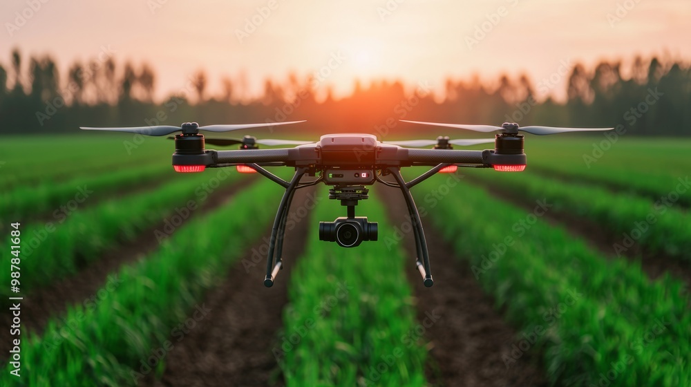 Drone hovering above a farm field, scanning soil health with advanced sensors, infrared visual effects, [soil scanning], [tech-enhanced agriculture]