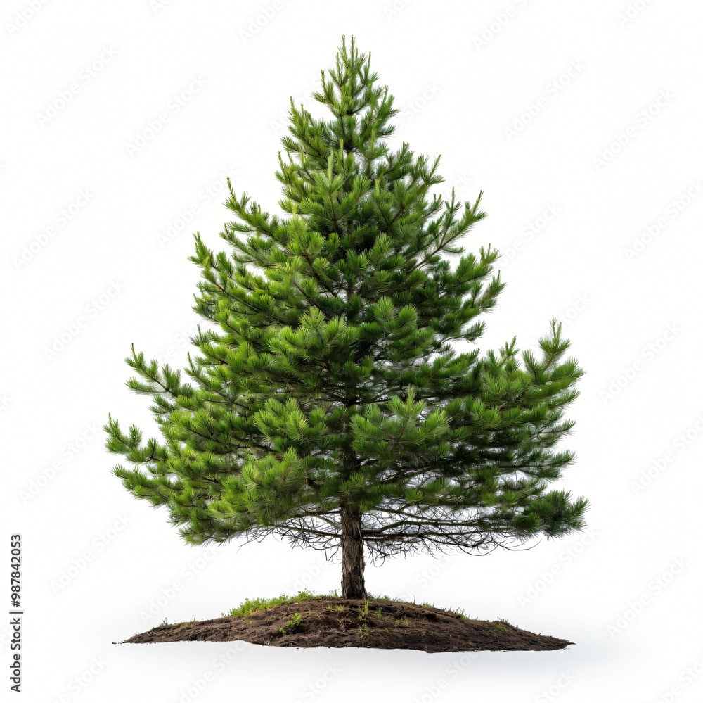 Small pine tree with green needles growing on dirt isolated on a white background. Small pine tree with green needles growing on dirt isolated on a white background.