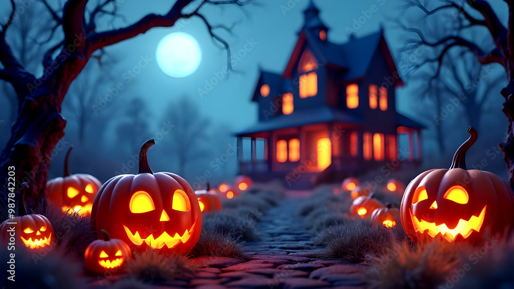 The Halloween background with pumpkins with haunted house The Halloween background with pumpkins with haunted house