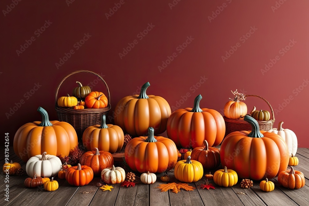 3D Nostalgic Pumpkins and Autumn Treats for Thanksgiving and Halloween on Red Background 3D Nostalgic Pumpkins and Autumn Treats for Thanksgiving and Halloween on Red Background