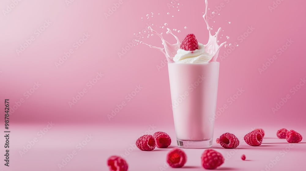 Close-up of a raspberry topped milkshake with droplets splashing on a pink background, perfect for vibrant visuals drinks Close-up of a raspberry topped milkshake with droplets splashing on a pink background, perfect for vibrant visuals drinks