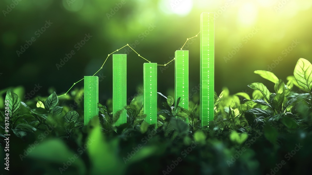 Green bar charts going up and down, illustrating fluctuations in eco-investing stocks. Concept for positive green investment performance. Space for text. Green bar charts going up and down, illustrating fluctuations in eco-investing stocks. Concept for positive green investment performance. Space for text.