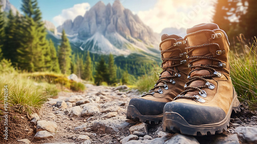 Hiking boots on a rocky trail with mountain views in the background.