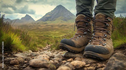 Close up of hiking boots on a rocky trail with mountains in the background.