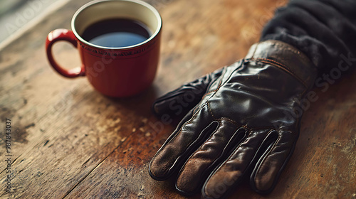 A leather glove lays on a wooden table next to a red mug of coffee.