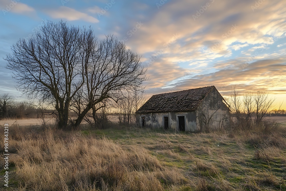 Lonely abandoned farmhouse on a field at sunset. Rural countryside landscape with a cloudy sky, golden hour Lonely abandoned farmhouse on a field at sunset. Rural countryside landscape with a cloudy sky, golden hour