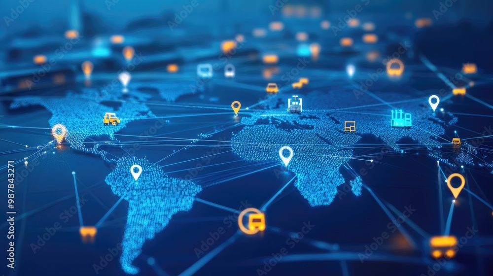 Fototapeta premium Image of continents connected by digital lines and transport icons, showcasing the concept of global shipping and transcontinental movement. Copy space is available.