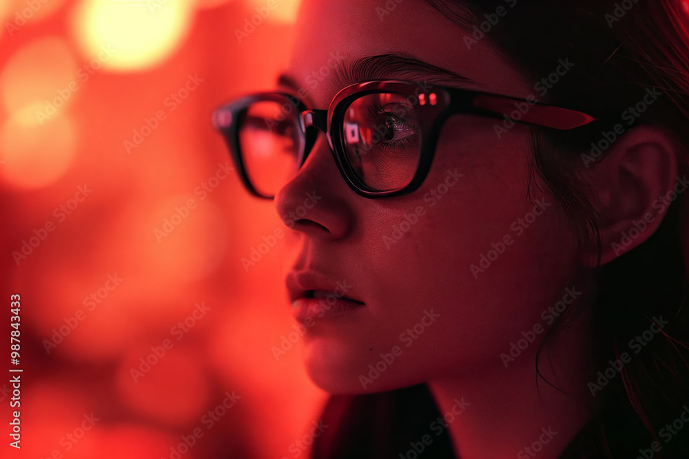Close-up of a young woman with glasses looking thoughtfully into the distance in a vibrant red lighting, evoking introspection, focus, and a futuristic atmosphere. Close-up of a young woman with glasses looking thoughtfully into the distance in a vibrant red lighting, evoking introspection, focus, and a futuristic atmosphere.