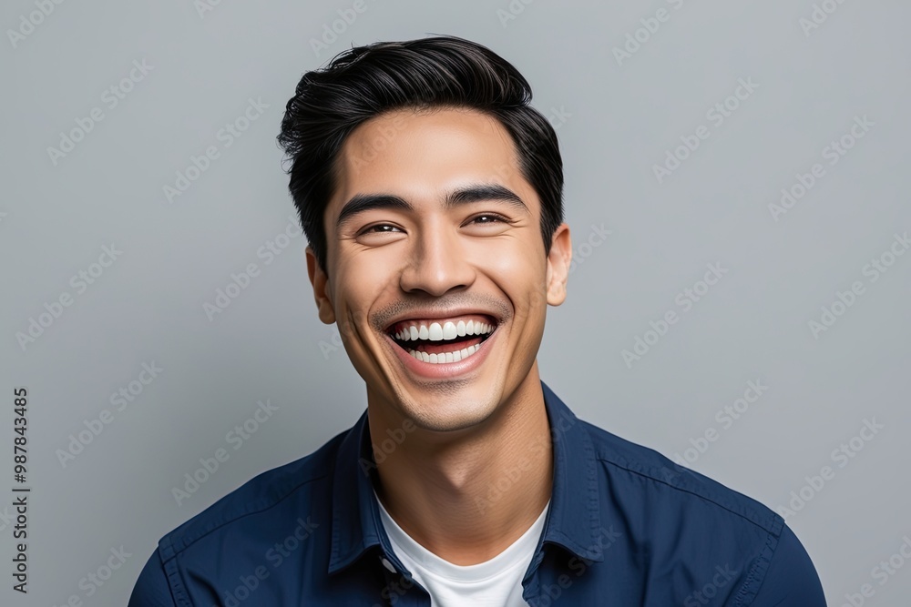 Charming Young Hispanic Male Actor Smiling Brightly with Radiant White Teeth on Light Gray Background for Marketing and Online Use Charming Young Hispanic Male Actor Smiling Brightly with Radiant White Teeth on Light Gray Background for Marketing and Online Use