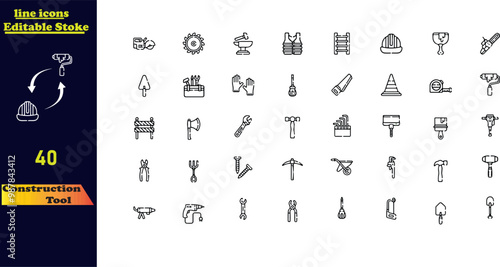 Construction tool stroke icon collection featuring icons for construction, renovation, architecture, engineering, building, blueprints, and home repair tools. Outline icon set.