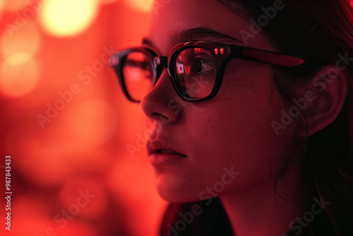 Close-up of a young woman with glasses looking thoughtfully into the distance in a vibrant red lighting, evoking introspection, focus, and a futuristic atmosphere.