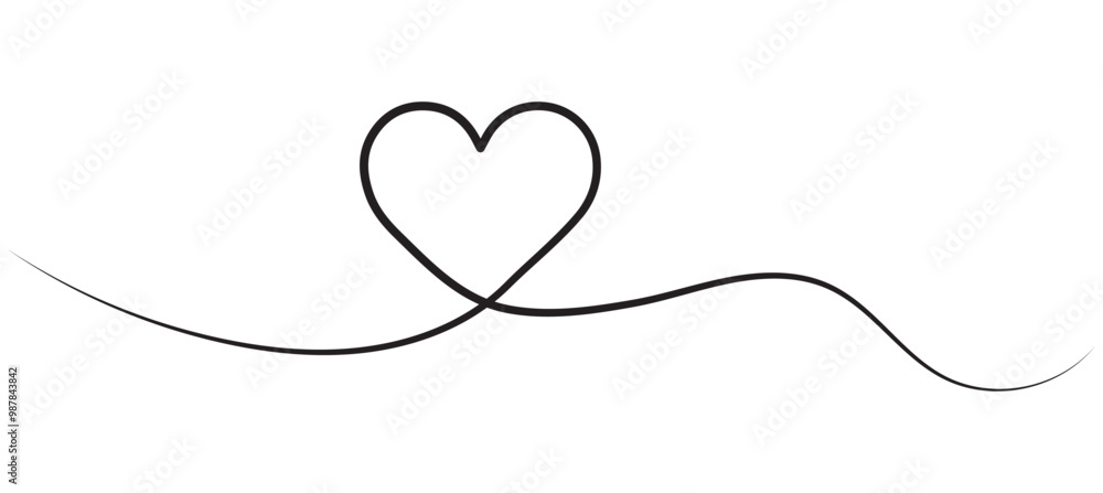Fototapeta premium Heart and love sign in continuous one line drawing. Thin flourish and romantic symbol in simple linear style. Editable stroke. Minimalistic Doodle vector illustration