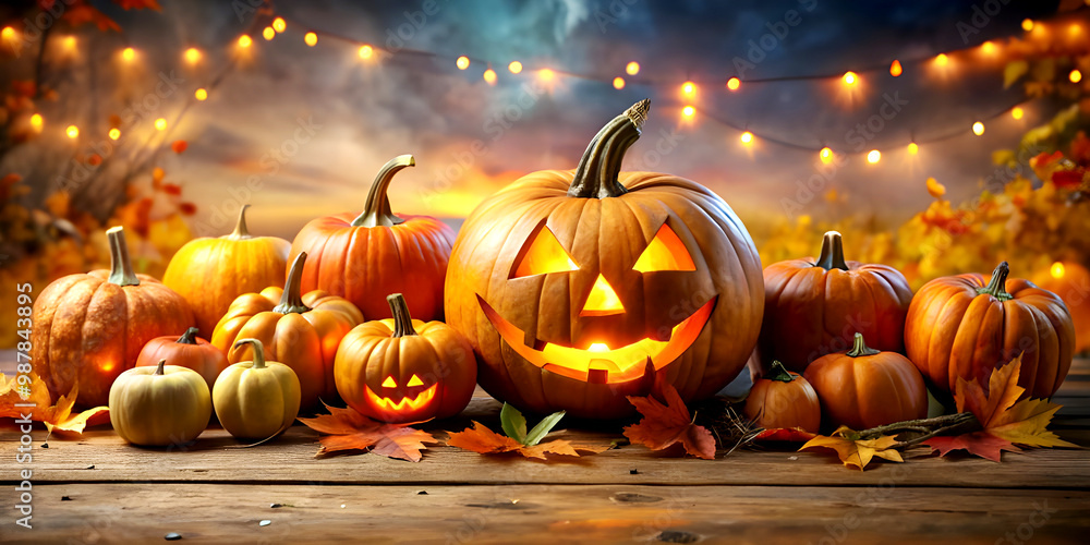 Halloween Jack Pumpkins with wooden background Halloween Jack Pumpkins with wooden background