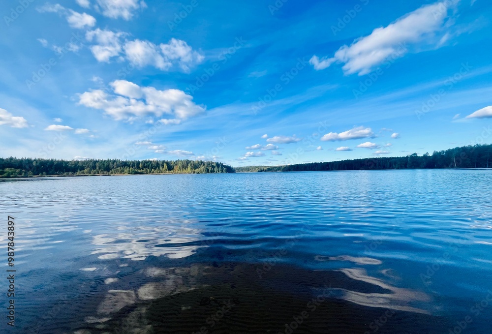 Fototapeta premium beautiful blue lake view, blue sky with white clouds reflections on the lake surface