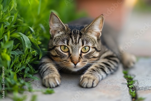 Cute Tabby Cat Laying in the Grass with Intense Stare