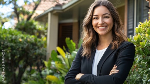 Professional real estate agent smiling confidently, posing outside a new home ready for sale, welcoming clients.