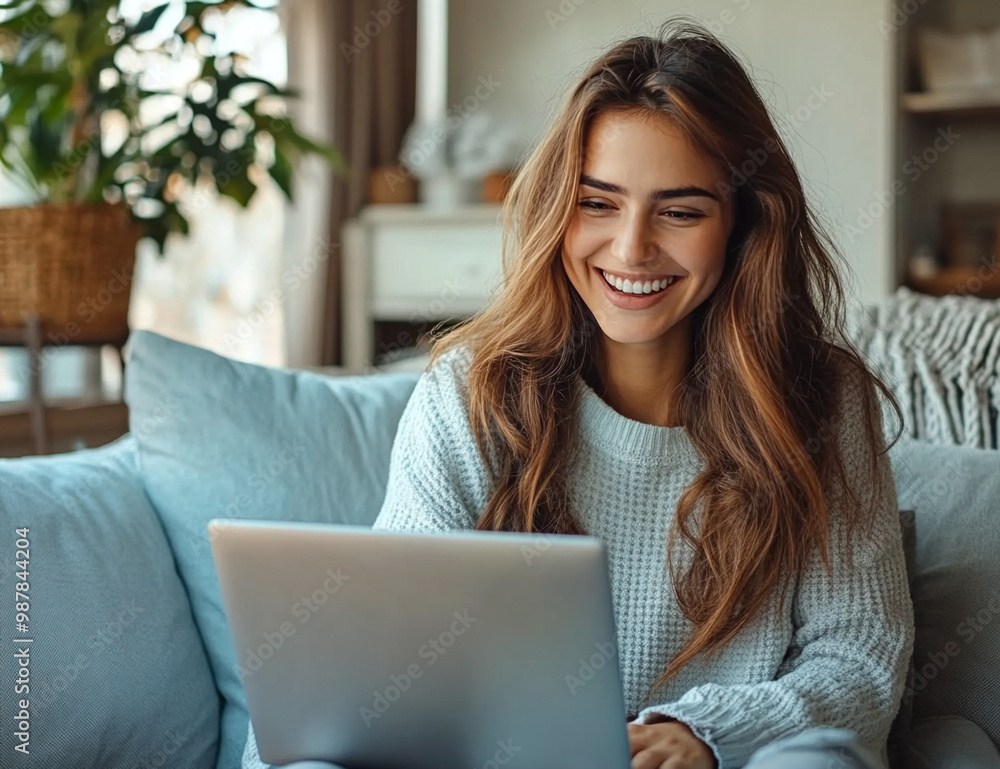 joyful relaxed smiling young woman using laptop
joyful relaxed smiling young woman using laptop
