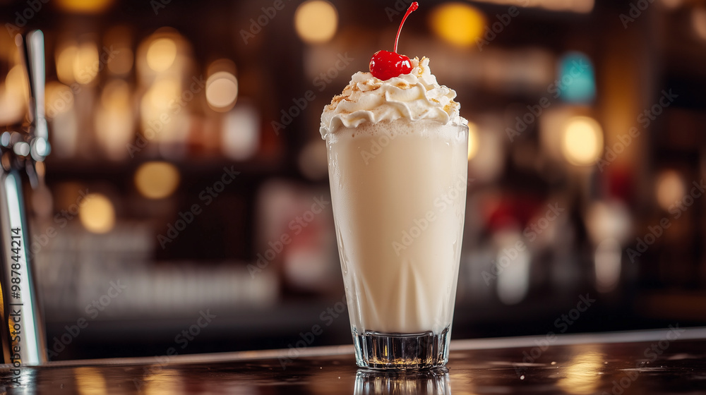 Banana milkshake with whipped cream in a café Banana milkshake with whipped cream in a café