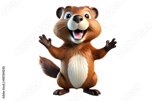 3D cartoon beaver, exuding joy, rendered in high-quality, ultra-clear stock photography style, full body, centered, isolated on a pure white background photo