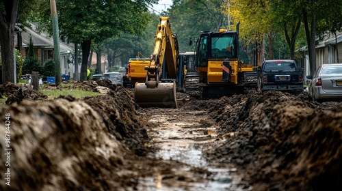 Sewage pipes being installed along a residential street. Heavy equipment digs trenches to provide the neighborhood with new drainage access.