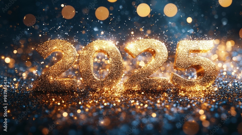 Image featuring glittery golden text reading '2025' on a festive backdrop with sparkling lights, symbolizing celebration, new beginnings, and the promise of the future. Image featuring glittery golden text reading '2025' on a festive backdrop with sparkling lights, symbolizing celebration, new beginnings, and the promise of the future.