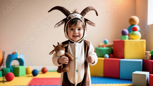 A boy in a goat costume in kindergarten