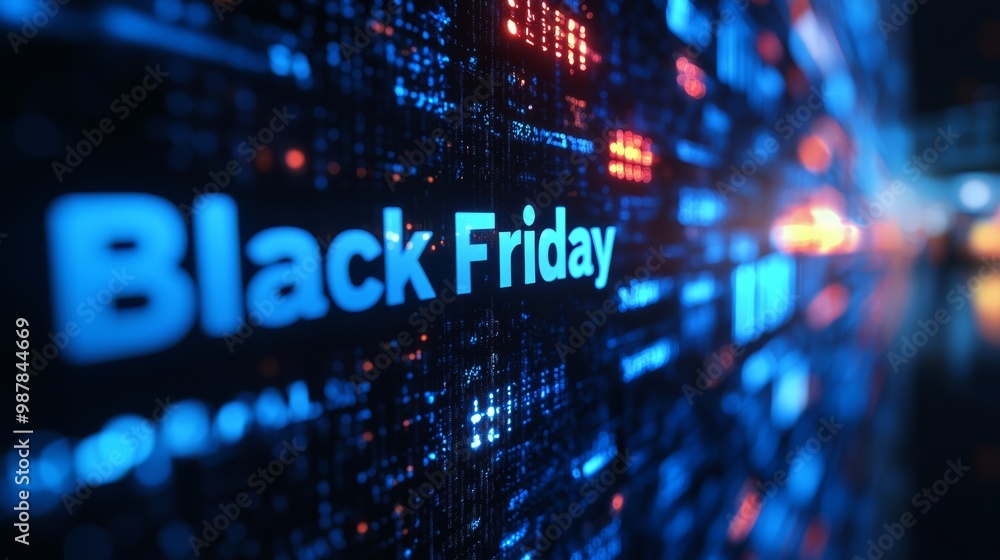 A glowing 'Black Friday' sign displayed on a digital screen with various lights and tech elements, symbolizing sales and excitement during the shopping event. A glowing 'Black Friday' sign displayed on a digital screen with various lights and tech elements, symbolizing sales and excitement during the shopping event.