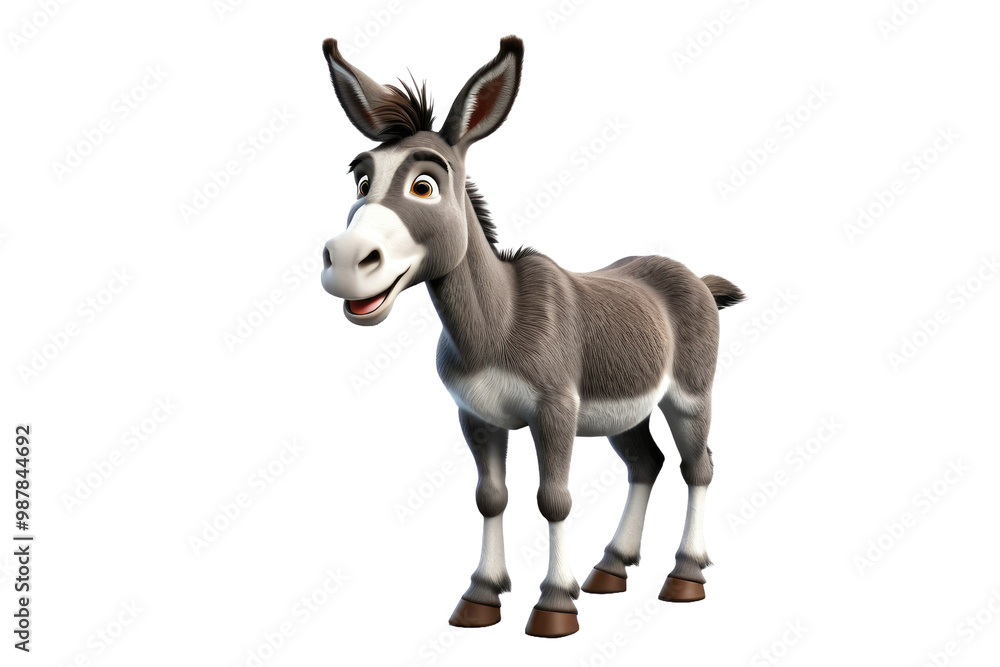 Fototapeta premium 3D cartoon donkey, characterized by cheerful expression, stands centered, full body isolated against a pure white backdrop, stock photograph quality, ultra clear, high definition detail